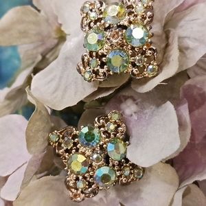 Vintage Rhinestone Clip One Earrings Iridescent Colors